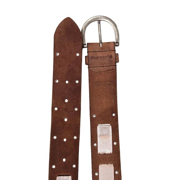 Brown Distressed Leather Belt Pink Satin Ribbon Silver Studs Brass Hardware Sz L - Picture 6 of 7